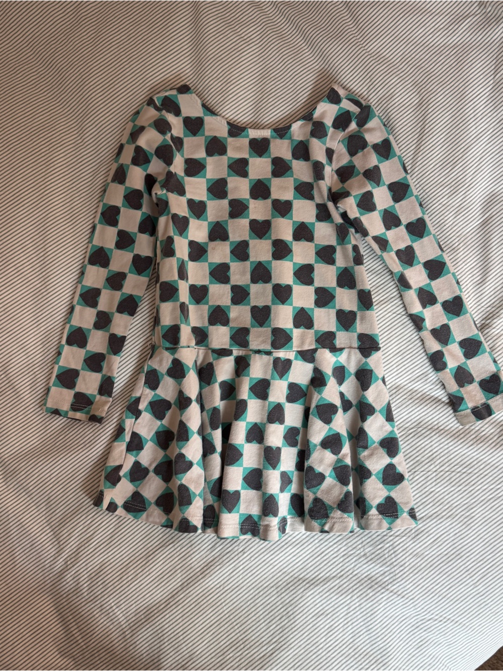 Tea Collection Teal and Gray Heart-Check Long Sleeve Dress
